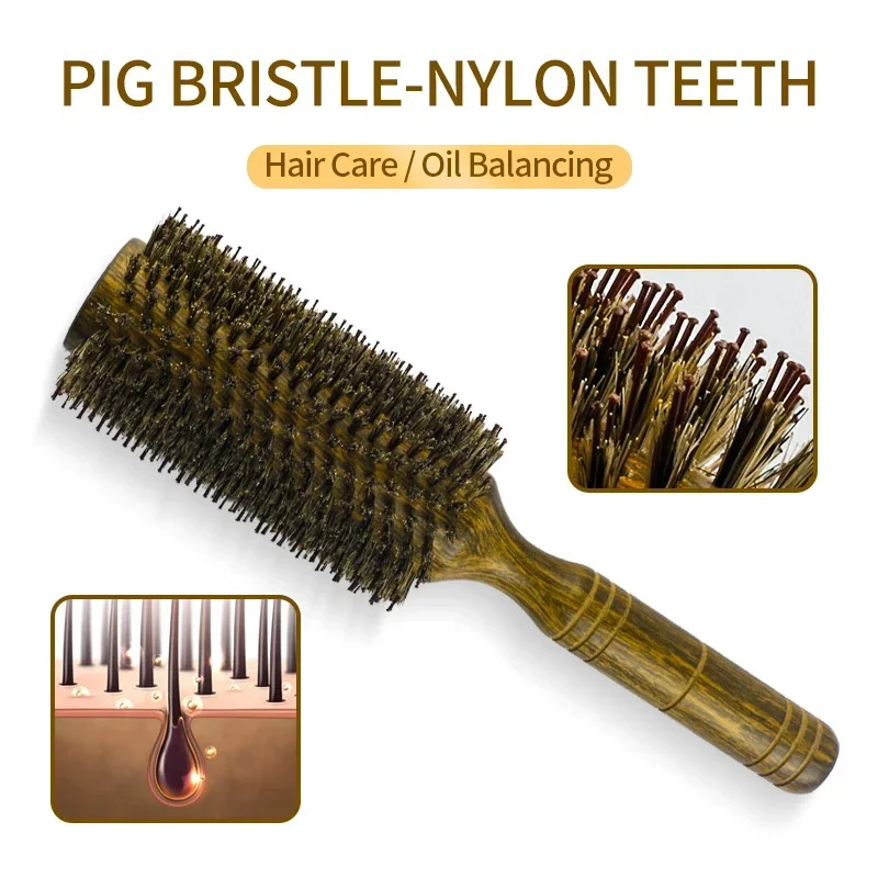 Professional Boar Bristle For Women Men Salon Hair Styg Curly And Straight Comb Hairdresser Wood Round Brush