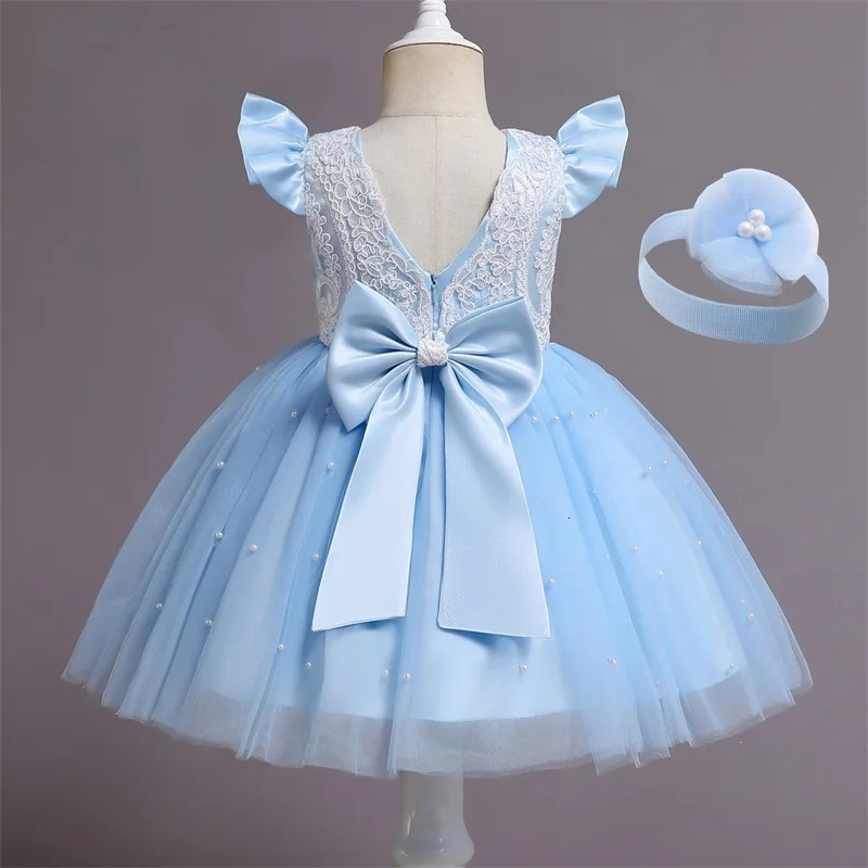 Cute Baby Dress Embroidery Lace Flower Princess Gown For 1st Birthday Party born Babi Blue Bead Prom Tulle Clothes R250424