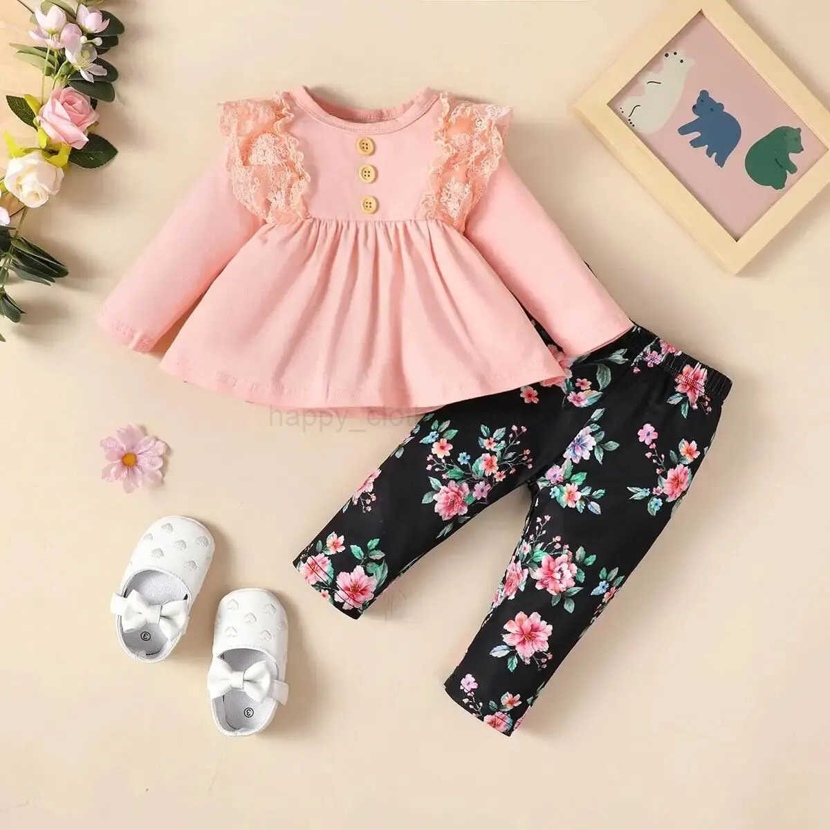 2PCS Infant Girl Clothes Set Long Sleeved Lace Top+Flower Pants Fashion Lovely Spring Autumn Suit for Toddler Girl 3-24 MonthsXJ241205