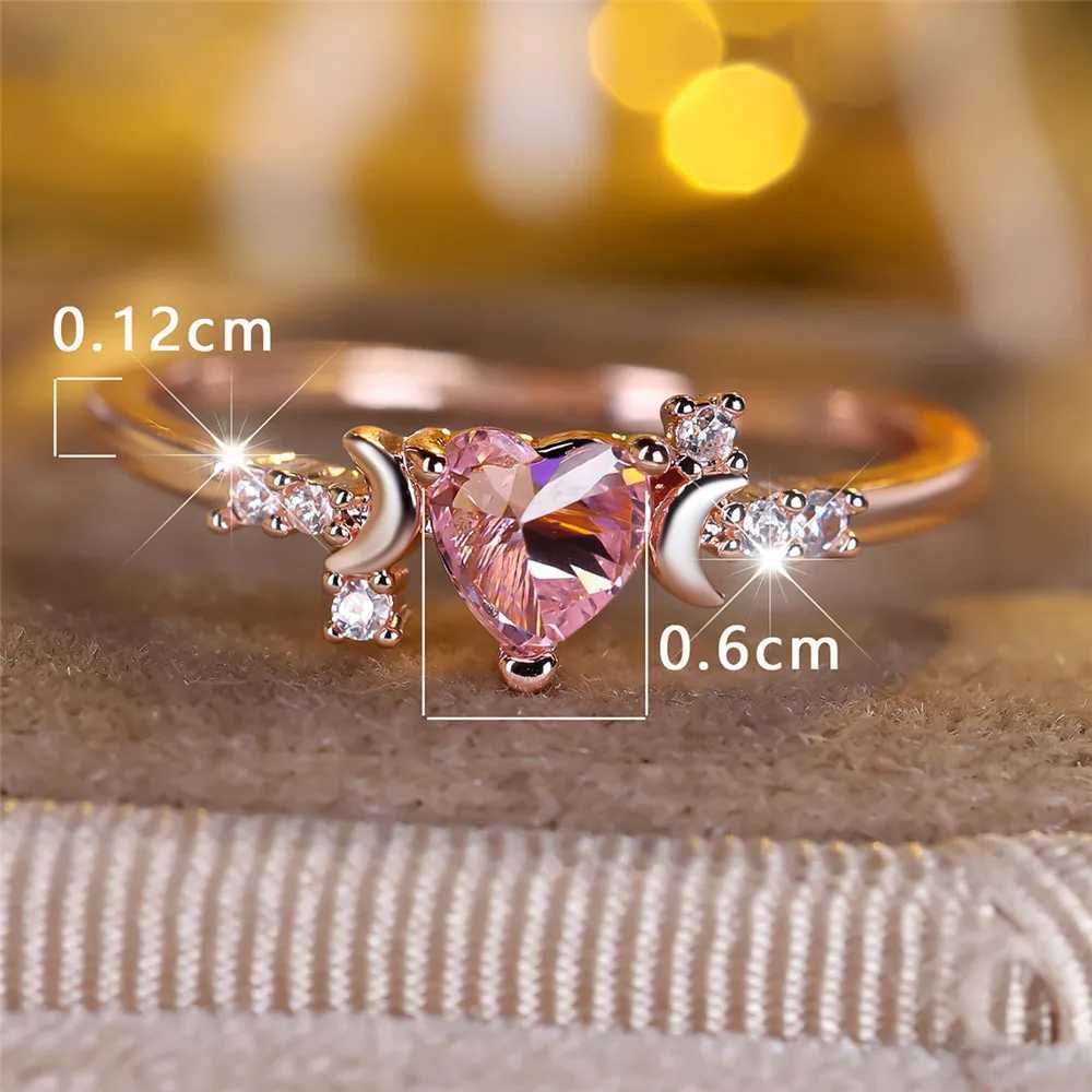 Elegant pink crystal heart-shaped stone ring cute little moon ring for women retro rose gold color for women wedding band brides jewelry W241205