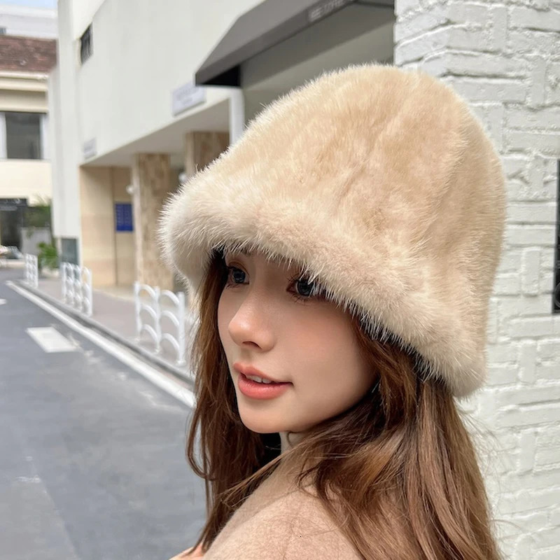 Winter Womens 100% Genuine Mink Bucket Hat Natural Warm Mink Hat Womens Outdoor Fashion Genuine Mink Hat 241205