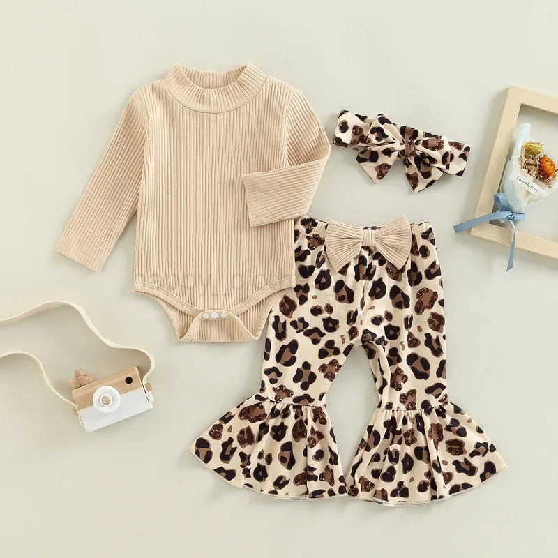 Newborn Baby Girls Clothes Pants Set Fall Winter Clothes Long Sleeve Bodysuit Leopard Bow Flare Pants Headband 0 to 18 MonthsXJ241205