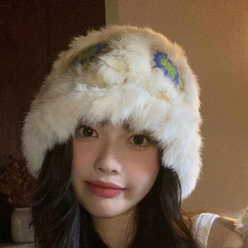 Rabbit fur knitted plush hat womens autumn and winter fluffy tiger head lion awakening hat cute display face small wool hat 241205