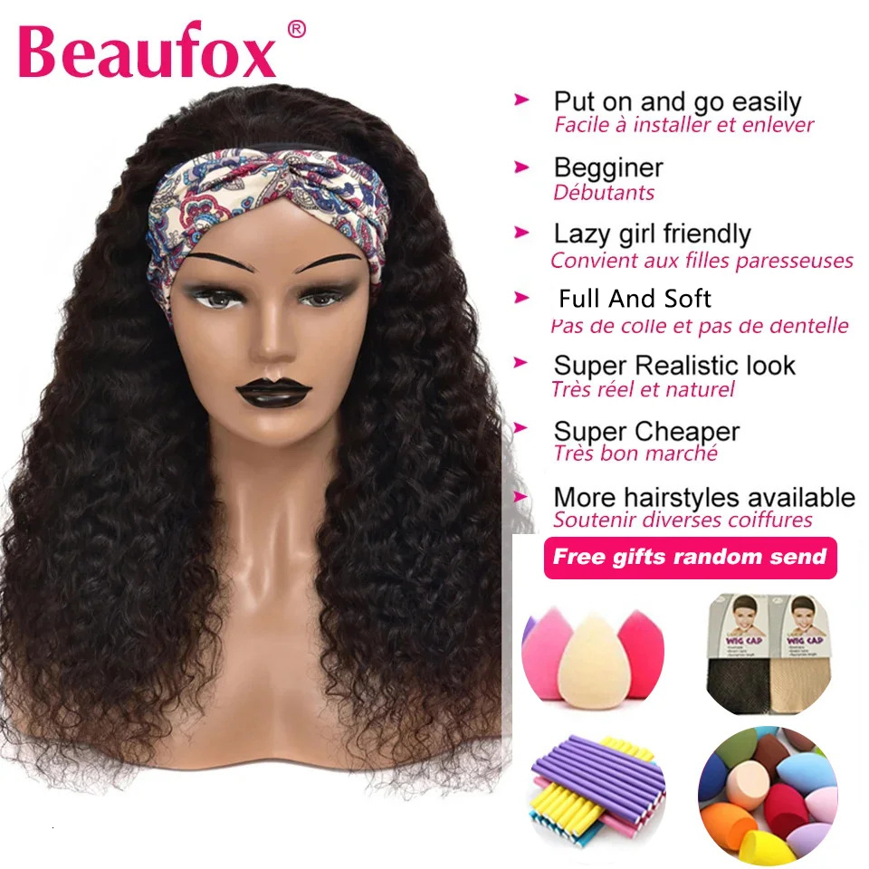 Beaufox Water Wave Headband Wigs For Black Women Brazilian Scarf Hine Made Highlight Curly Human Hair Wig
