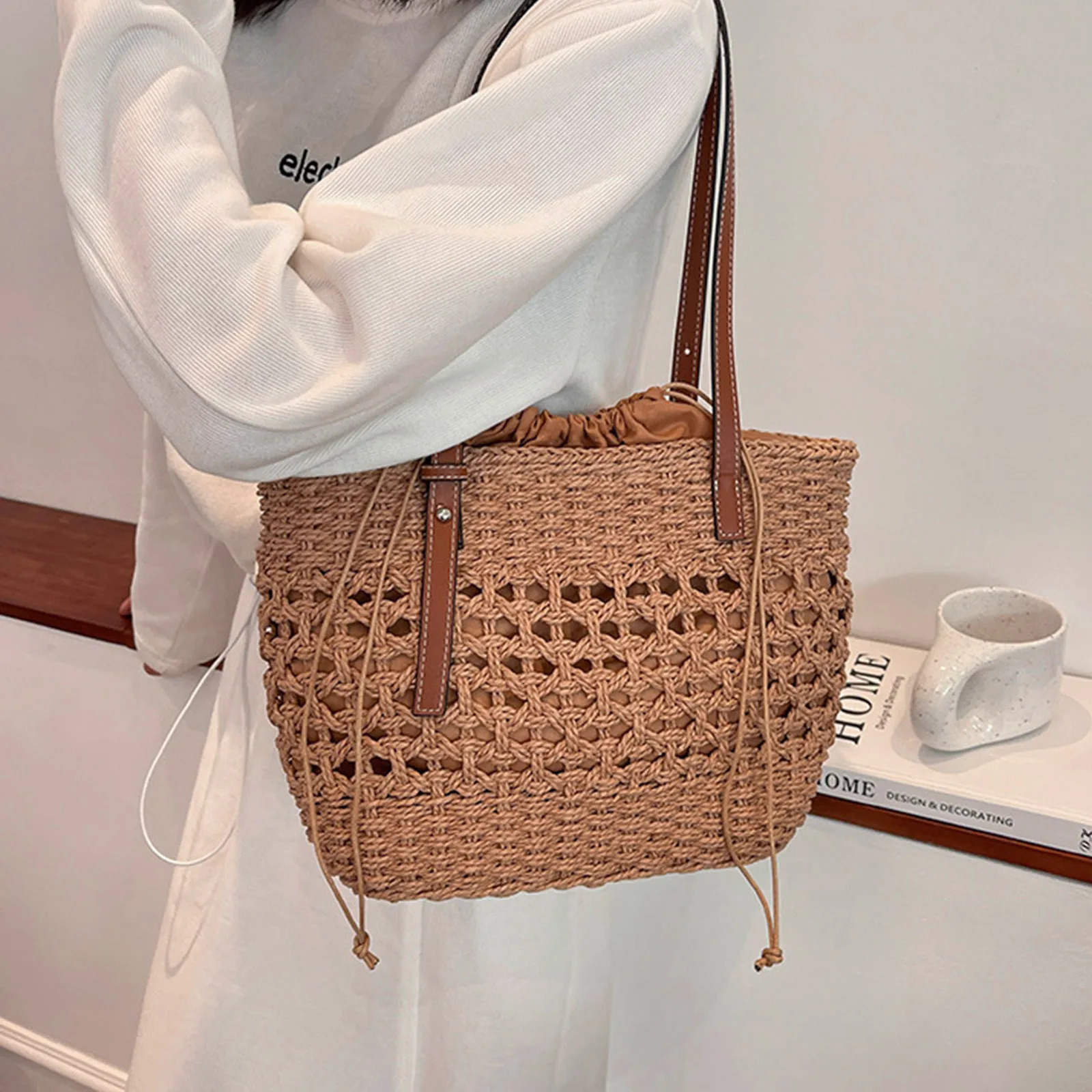 Trendy Straw Bags for Women Summer Beach Shoulder Wicker Bag Woven Rattan Tote Handmade Purse Bohemia Handbag bolsos 241204