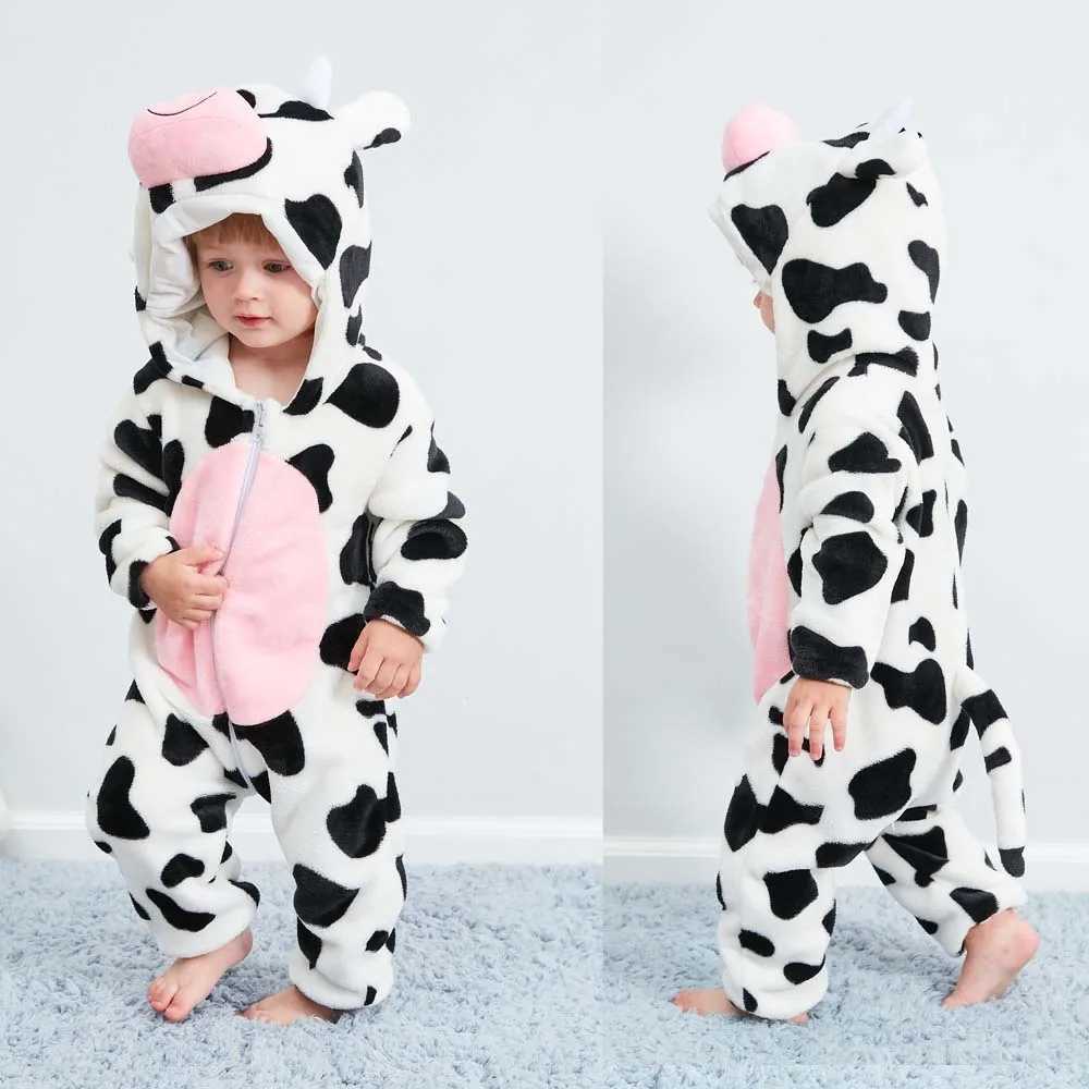 Pajamas Kids 0 to 1 2 3 4 Years Dinosaur Kigurumi Pajamas Winter Baby Girl Clothes Rabbit Cow Bodysuits Toddler Hooded Pijamas H241205