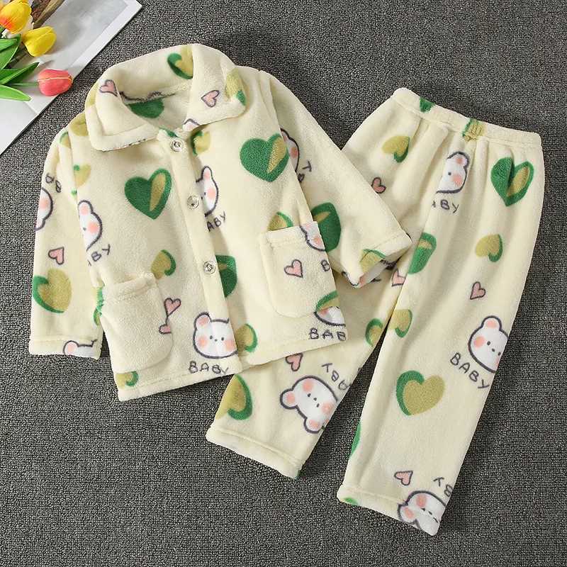 Pajamas Thickened Warm Children Pajamas Autumn Winter Flannel Girls Home Wear Set Boys Long-Sleeved Cardigan Sleepwear Boys Small Medium H241205