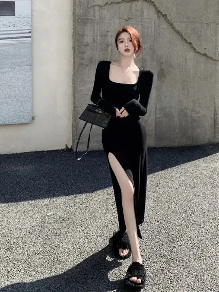 Autumn Vestidos De Mujer Y2k Dress Womens Clothing Long Sleeve Split Tuned Robe Womens Casual Fashion Bodycon Maxi Dress 241205