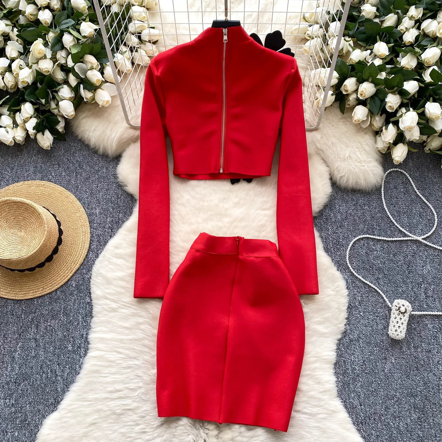 Elegant Twopiece Sets Stand Neck Long Sleeve Chic 3D Floral Top Slim High Waist Short Skirt Evening Street Autumn Clothing 241205