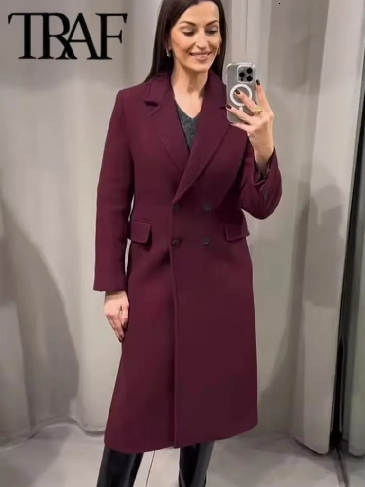 TRAF 2024 Long Coats for Women Long Sleeve Trench Coat Women Office Warm Winter Woman Coat Streetwear Outerwears Womens Jackets 241204