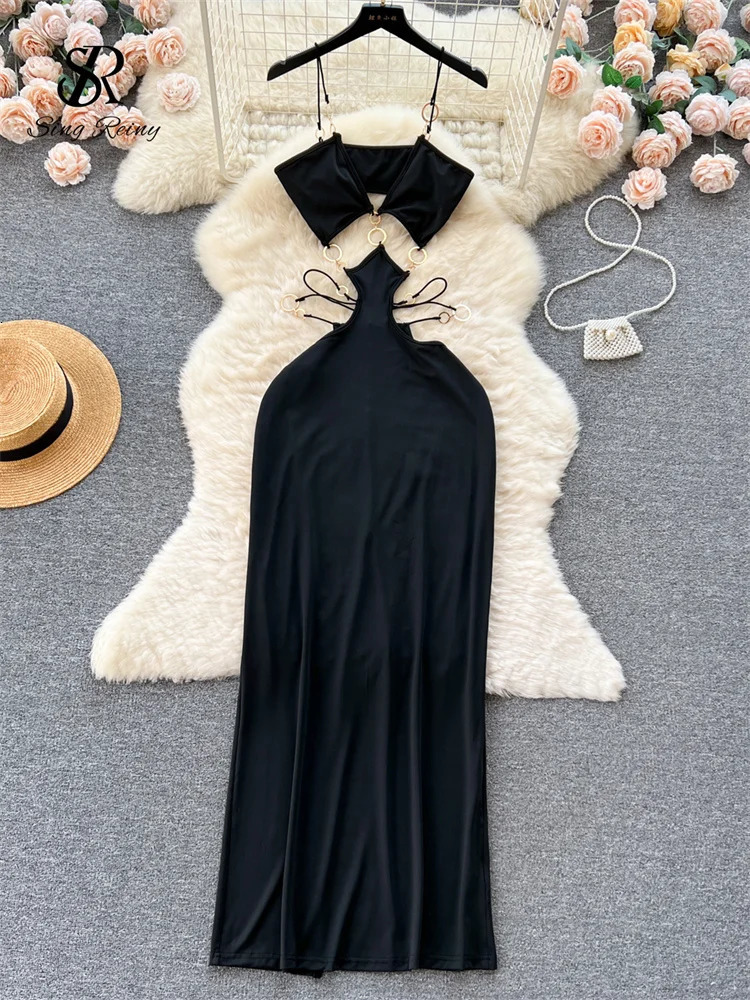 SINGREINY Sensual Hollow Out Long Dress Fashion Cross Halter Sheath Camis Dress 2024 Women Streetwear Solid Backless Sexy Dress 241205