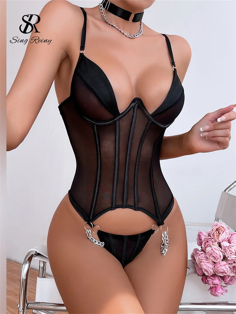 SINGREINY Sheer Sensual Corset Underwear Suits Strapless Camis Skinny Erotic Lingerie Lace Up Backless Women Sexy Bra Sets 241205