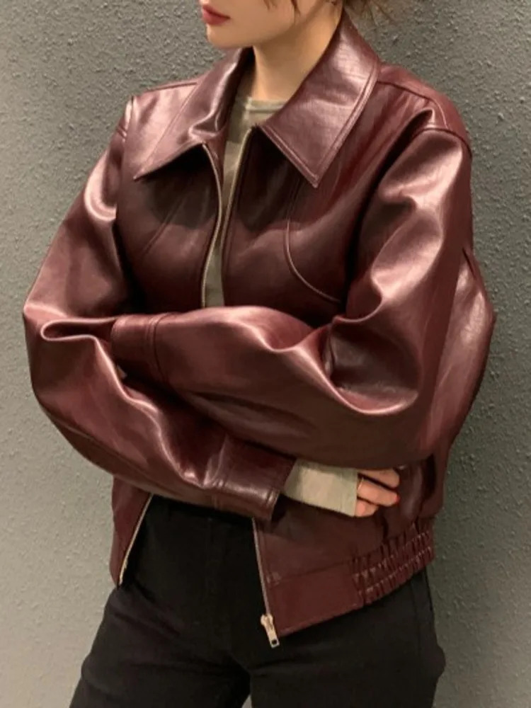 EWQ Korean Vintage Chic Long Sleeve Lapel Zipper PU Leather Jacket Casual All-match Women Suede Coat 2024 Autumn 16O3097 241204