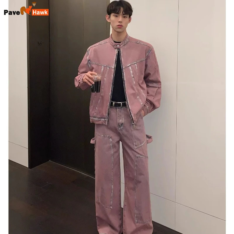 Hip Hop Street denim set mens painted patch work street two-piece set washing retro Harajuku denim set 241130