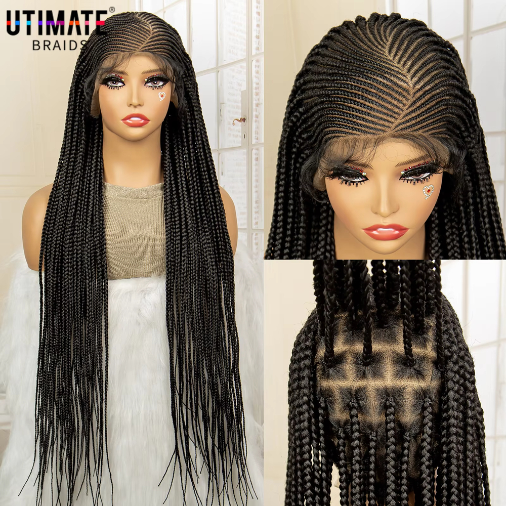 36 Inches Full Cornrow Braided Wigs Synthetic Knotless Box Braids With Baby Hair For Black Women Lace Frontal Wig