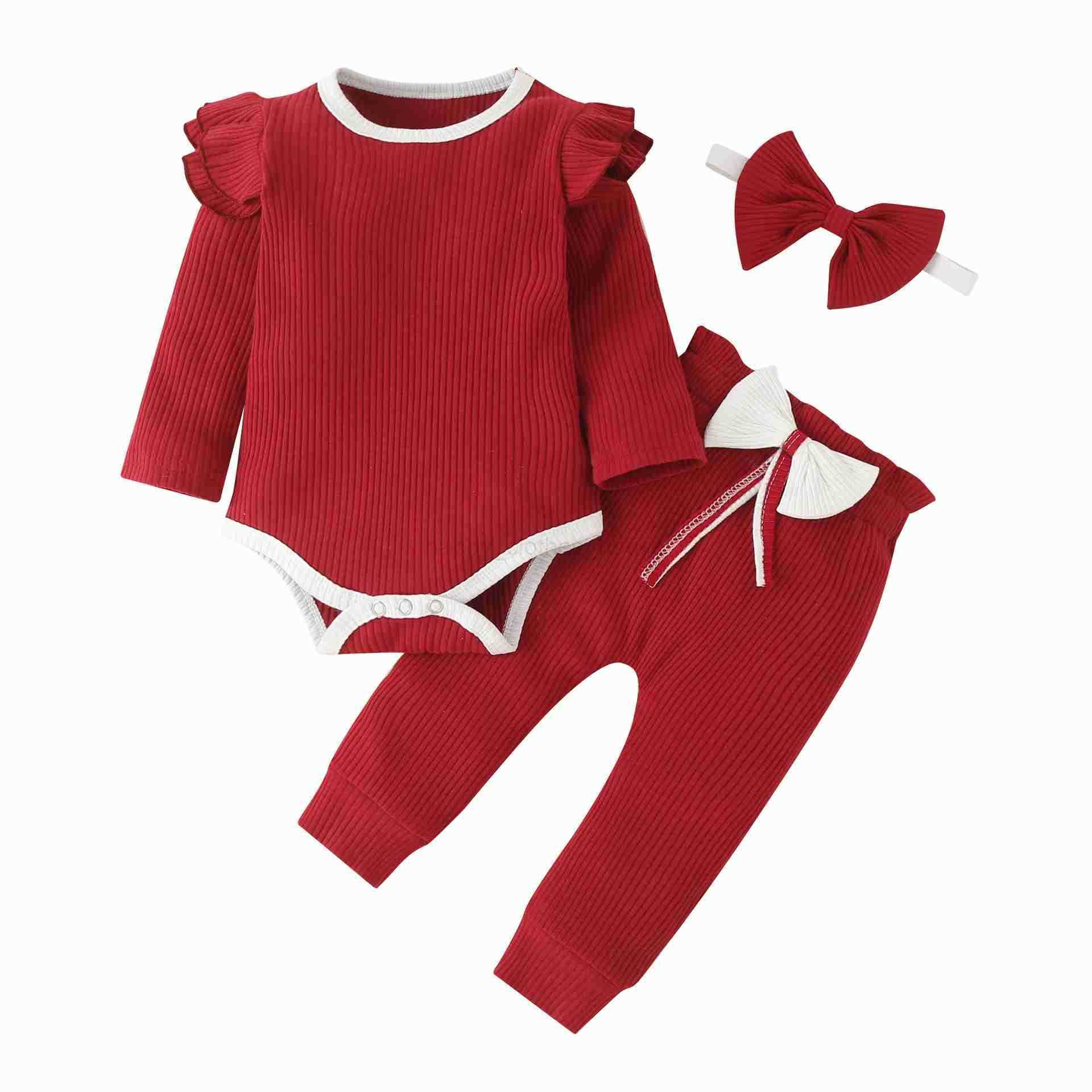 3Pcs Baby Girl Outfit Set Newborn Toddler Kids Clothing Set Baby Girls Lace Ruffles Cotton Bodysuit +Pants+Headband ClothingXJ241205
