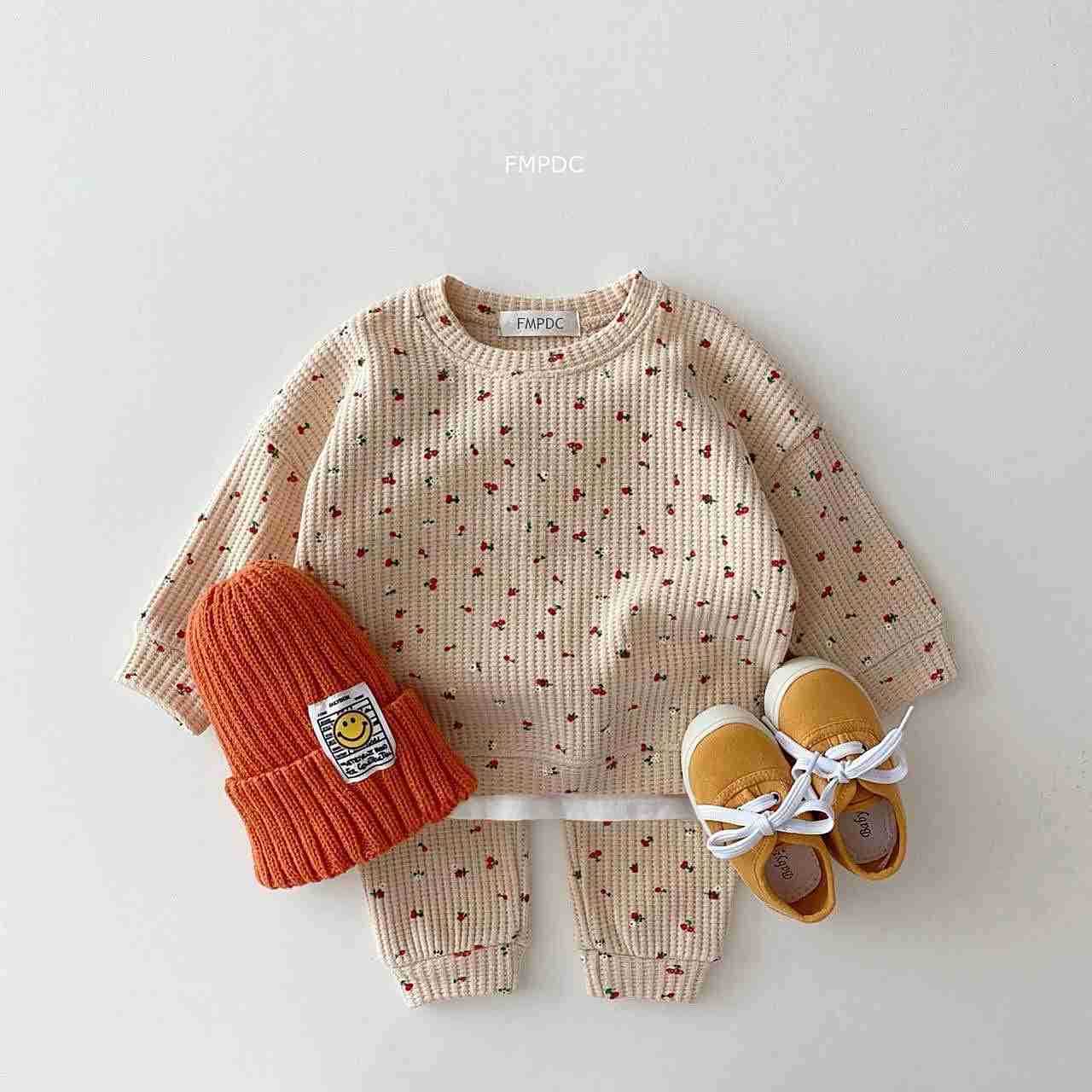 2022 New Toddler Kids Waffle Cotton Clothes Set Many Fruits Print Sweatshirt + Casual Pants 2pcs Boys Suit Baby Girl OutfitsXJ241205