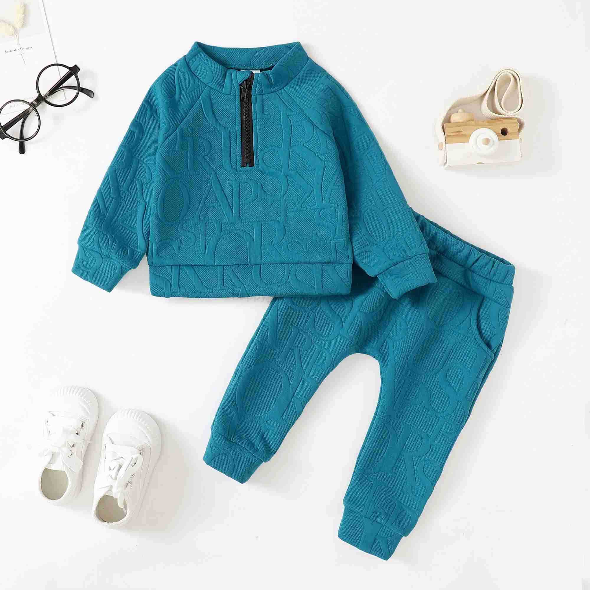2pcs Toddler Baby Boy Clothing Casual Letter Pattern Stand Collar Long Sleeve Sweatshirt Trousers Set For Autumn And WinterXJ241205