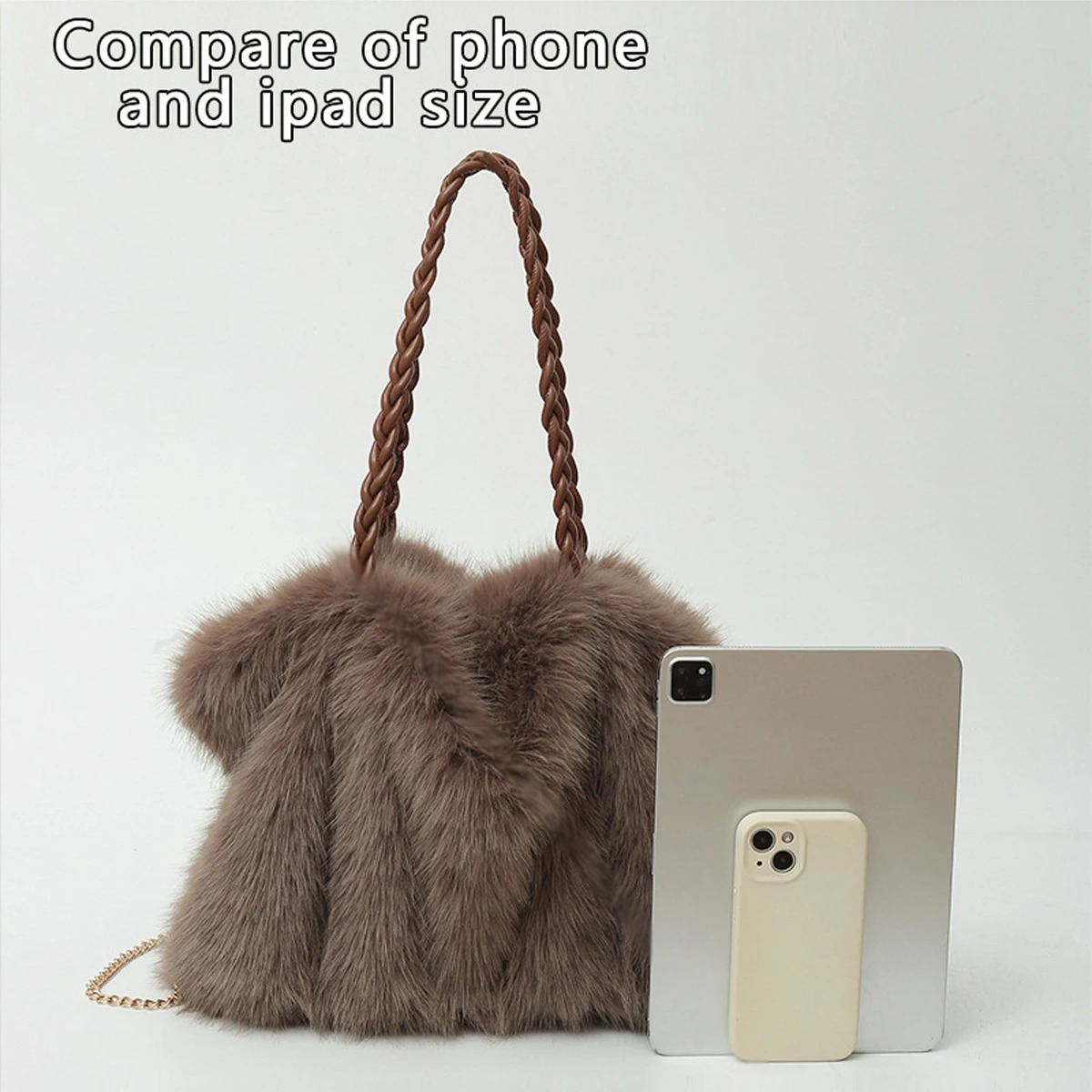 Womens fashionable plush large capacity handbag high-end pleated fox fur shoulder cross body bag commuting bag with metal chain 241205
