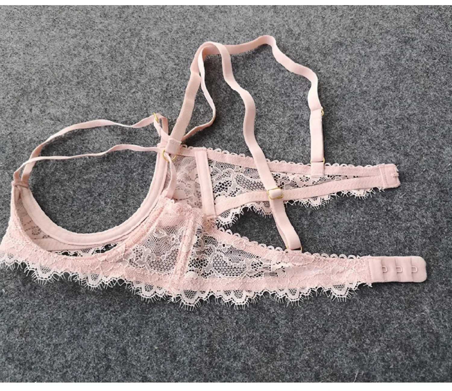 Sexy lingerie lace bra hollow steel support four-piece underwear set hanging neck garter belt open pantiesXJ241205