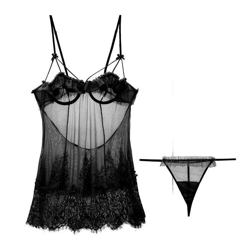 Wriufred Sexy night dress lace sexy pajamas temptation extreme passion hot lingerie set steel ring gathered sling brasXJ241205