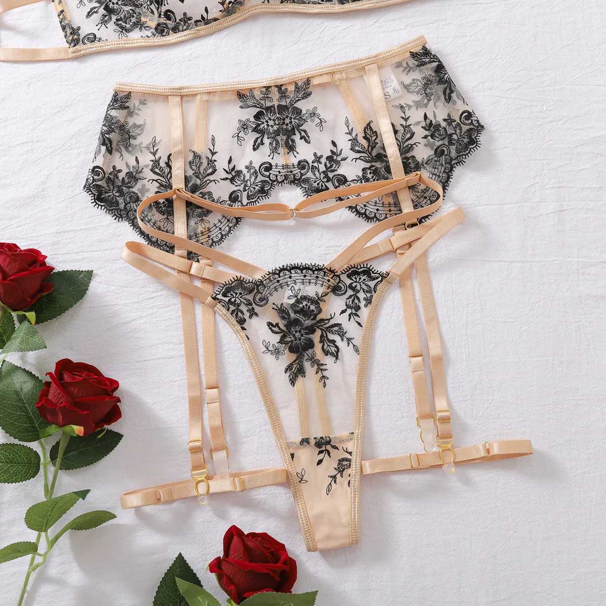 Bra + Panties + Garter +Thigh Circumference Ultrathin Transparent Women Sexy Underwear Lace Embroidery Push Up Lingerie SetsXJ241205