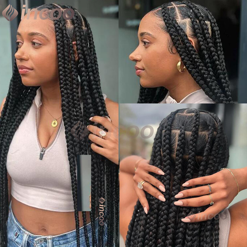 36 Inch Synthetic Larger Box Braided Afro Knotless 360 Full Lace Frontal Braid Wigs Black Women Prepluck Baby Hair Incoo