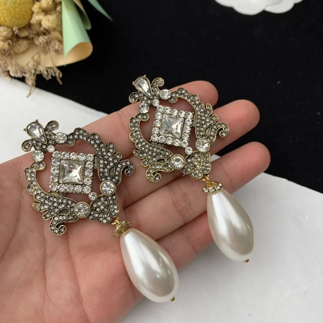 Multi layer glass pearl necklace with gemstone droplet pendant sweater chain earring set 241205