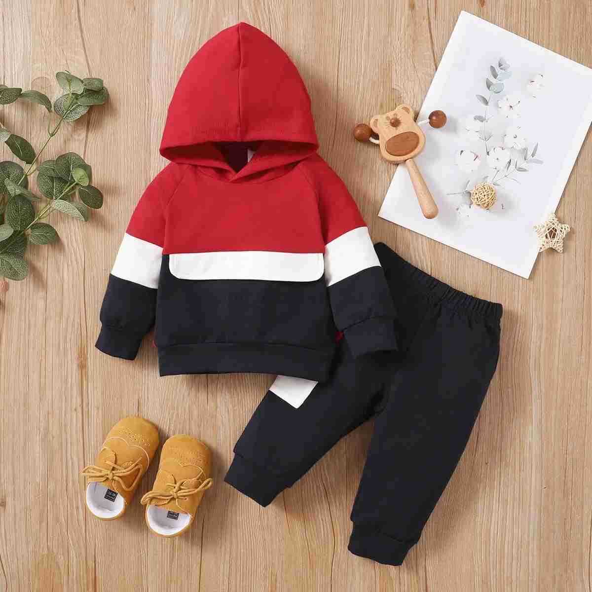 2pcs Baby Color Block Long-sleeve Hoodie and Trousers Set Soft and Comfortable Perfect for Outings and Daily WearXJ241205