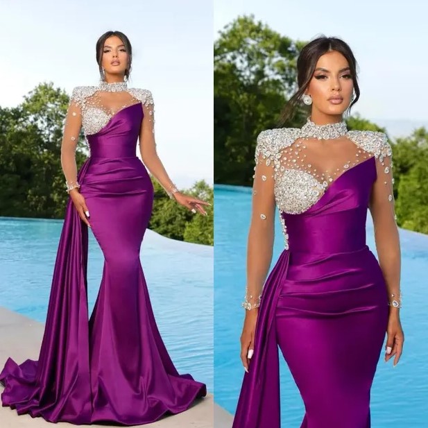 Elegant Black Peach Purple Mermaid Prom Dresses High Neck Sheer Appliques Beads Illusion Long Sleeve Pleats Ruffles Formal Occasion Evening dress BC16