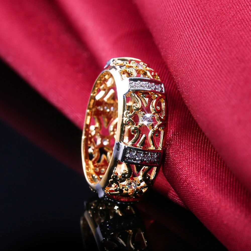 Huitan 2019 New Ethnic Power Ring Fashion Gold Hollow Belt Geometric Cube Zircon Hot Selling Engagement Ring W241205