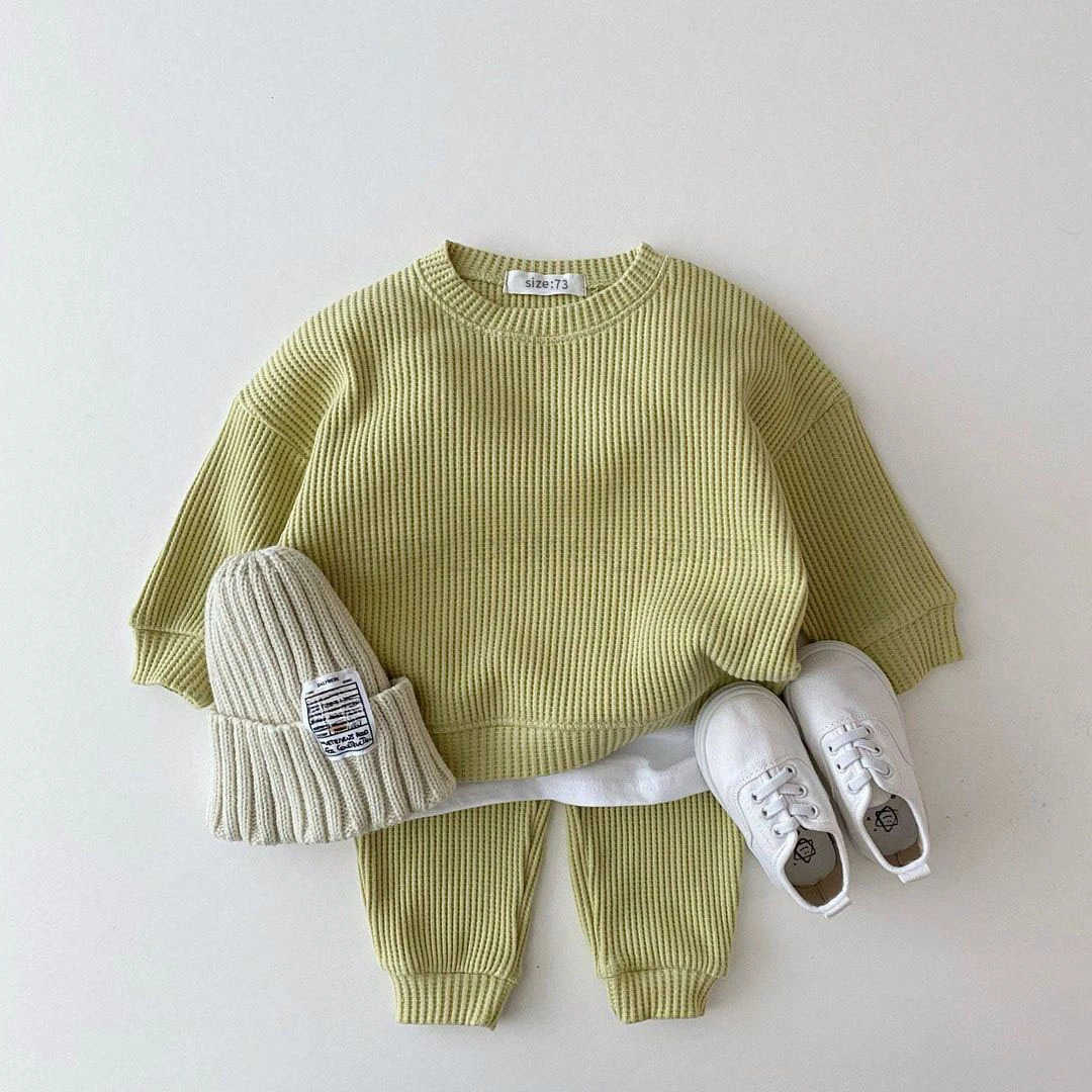 2024 Korea Toddler Baby Clothing Sets For Infant Baby Boys Clothes Set Mock Two-piece Waffle Cotton Sweatshirt+Pants 2pcs OutfitXJ241205