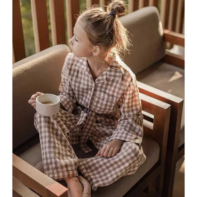 Pajamas Cute Kid Girls Turndown Collar Brown Plaid Pajama Sets.Vintage Toddler Kids Pyjamas Set Sleep Loungewear.Childrens Clothing H241205