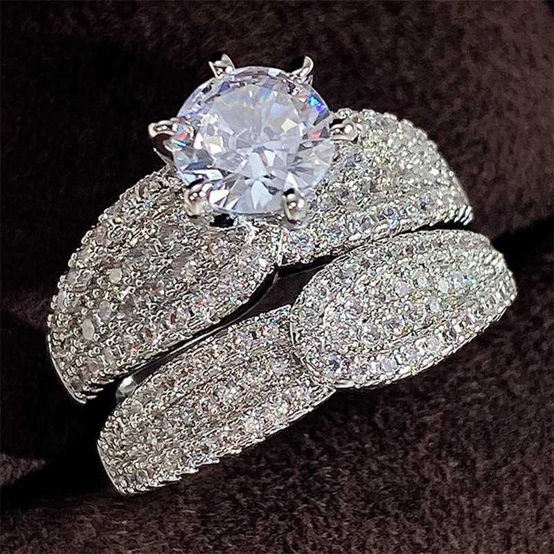 Huitan Classic Luxury 2Pcs Set Ring Womens Gold/Silver Double Wear Womens Finger Ring Wedding Ring Jewelry Hot W241205