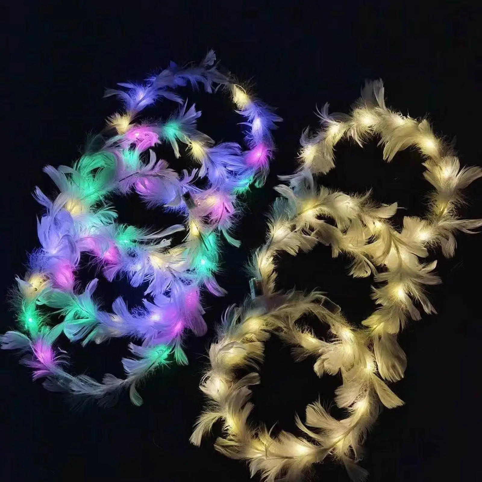LED Feather Wreath Crown Headband Neon Angel Halo Luminous Headdress For Women Girls Wedding Christmas Glow Party 241122