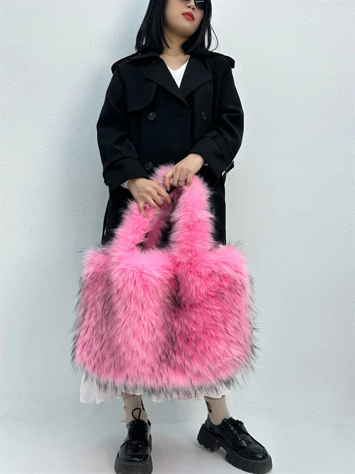 Fashionable large handbag faux fur womens handbag er womens handbag fluffy soft plush shopping bag warm winter Sac 241205