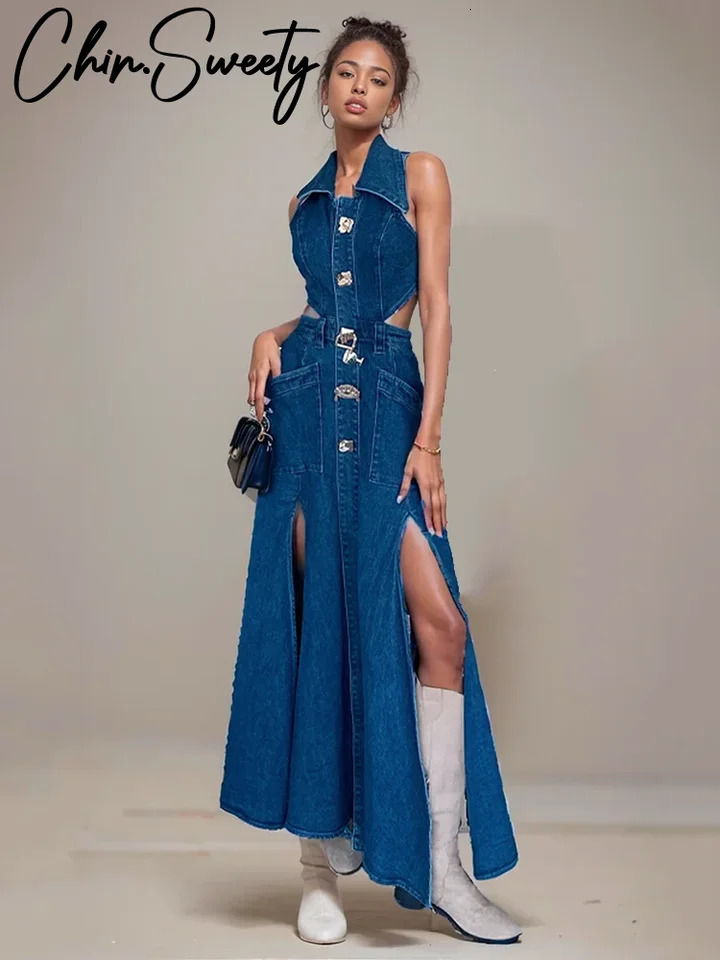 Sexy Denim Hollow Out Dress Women Sleeveless Turndown Collar Side Split Long Dresses Female 2024 Summer Lady Robe 241204
