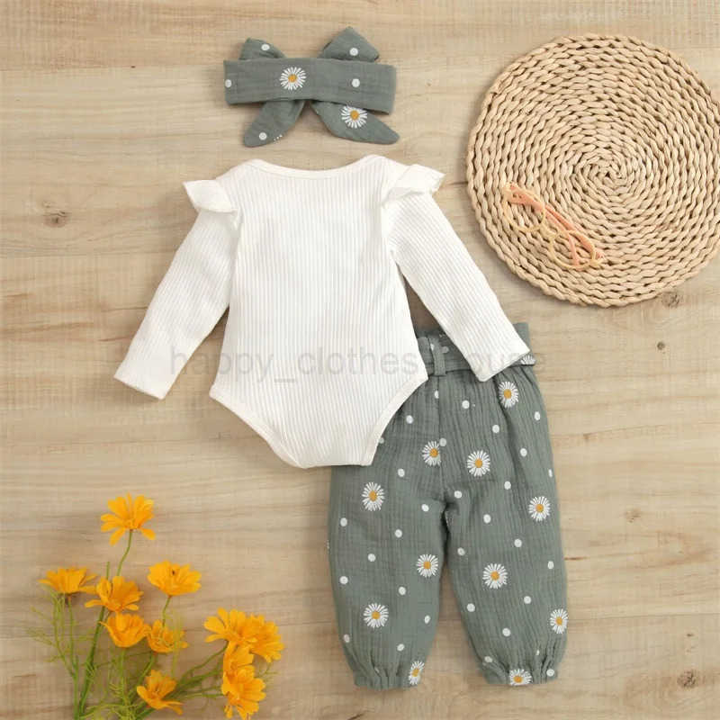 0-24M Infant Baby Girls 3PCS Romper Sets Long Sleeve Plain Ribbed Snap Romper + Daisy Ruched Long Pants with Belt + Bow HeadbandXJ241205