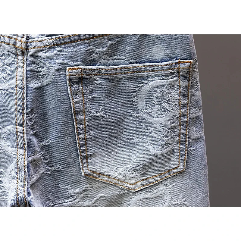 Summer Personality Dragon Print Stylish Straight Blue Denim Shorts Male Street Style Mens Straight Denim Shorts 241205