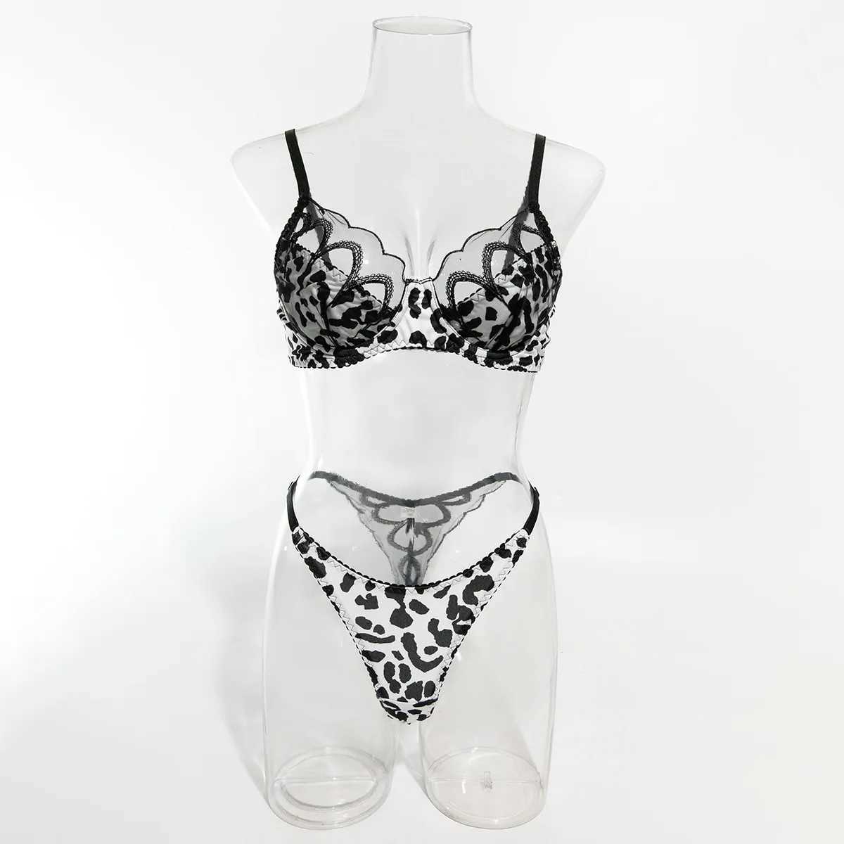 Leopard Print Lingerie Set 2-Piece Sheer Embroidery Bra + Brief Underwear Set Sexy IntimatesXJ241205
