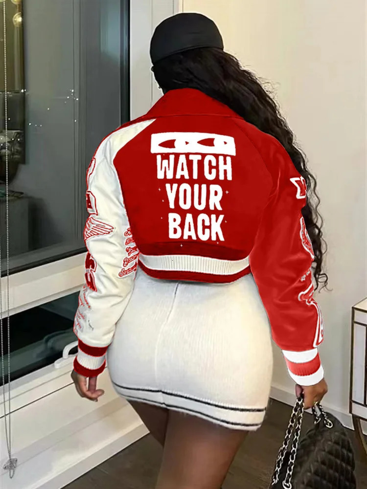Fashion Baseball Buttons Fall Jackets For Women Crop Tops Jackets Coats Varsity Bomber Long Sleeve Print Green Black Jacket 241205