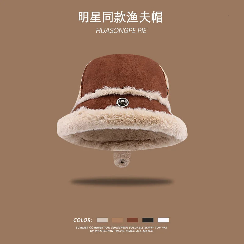 Wool lined thickened celebrity bucket hat for womens winter warmth fully matched with Korean style plush hat fashionable suede bean 241205