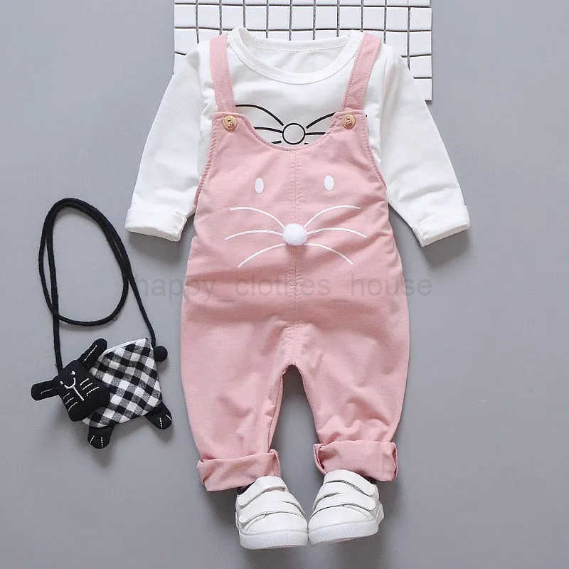 Spring Autumn Baby Girls Set Round Neck Printing Long Sleeve T-shirt + Solid Color Print Strap Pants Two Piece SuitXJ241205