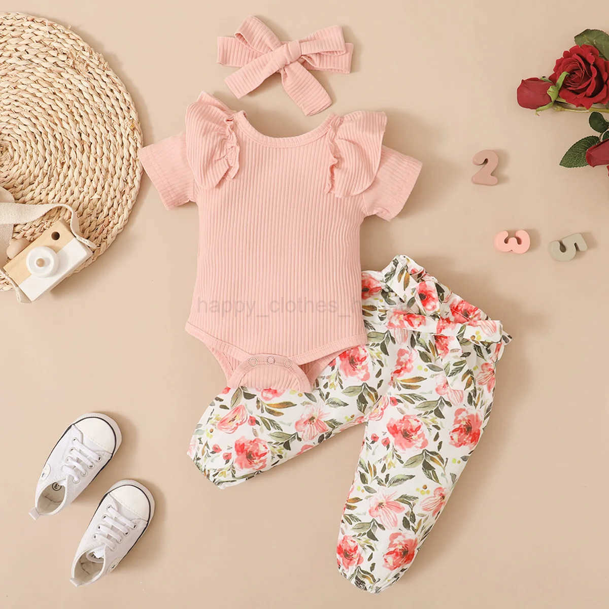 0-2 Year Old Newborn Baby Girls Summer Round Neck Short Sleeve Jumpsuit With Flower Printed Pants Cute Fashion SetXJ241205