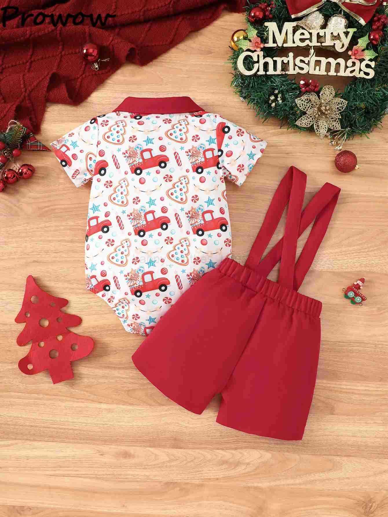 Pro Baby Boys Christmas Outfits Xmas Print Necktie Shirts Romper+Suspender Pants Newborn Christmas Sets New Year Baby CostumeXJ241205