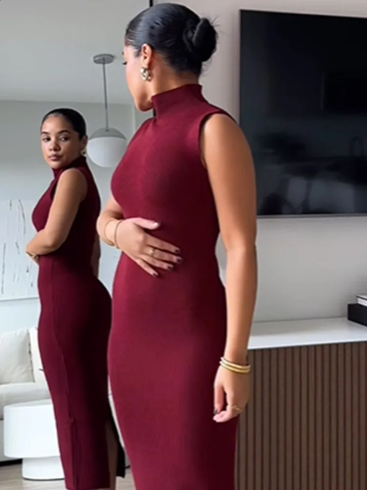 Elegant Burgundy Stand Collar Loose Sleeves Skirt Set Woman Casual Long Knit Sexy Sets 2024 Autumn Lady Fashion Party Outfit 241205