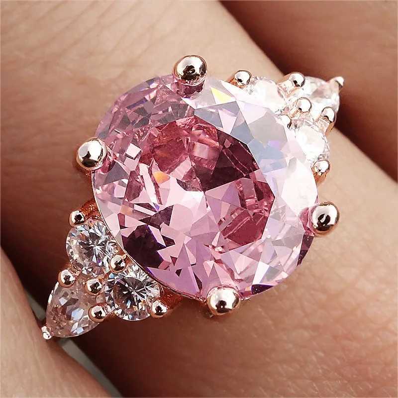 Pink zircon oval stone ring womens sparkling crystal engagement ring womens retro rose gold silver wedding jewelry W241205