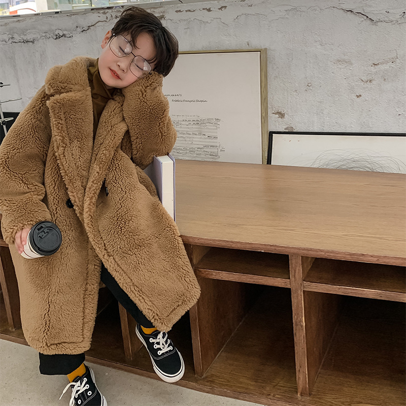 Children's New Teddy Girls' Winter Outfit, Lamb Fur Coat, Thickened Baby Boys' Silhouette Long Coat