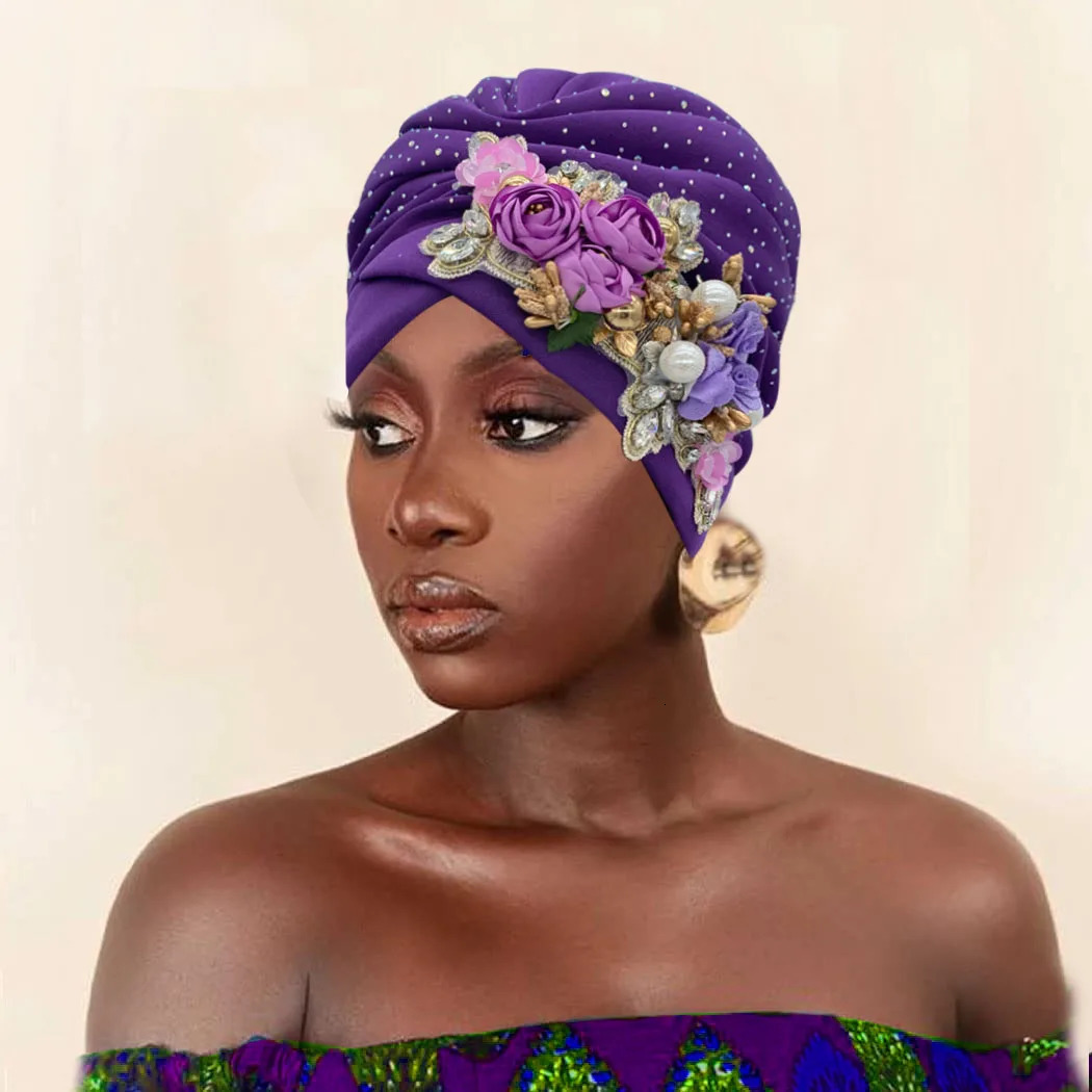 Elegant African Turban Cap with Shiny Rhinestone Ready to Wear Nigeria Auto Gele Headtie Party Womens Head Wrap Bonnet Turbante 241205