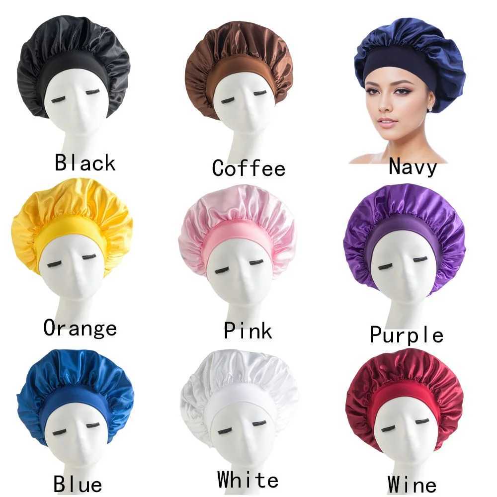 Soft Long Hair Care Bonnet Imitation Silk Solid Satin Shower Cs Large Elastic Edge Wr Night Sleep Hat for WomenXJ241205